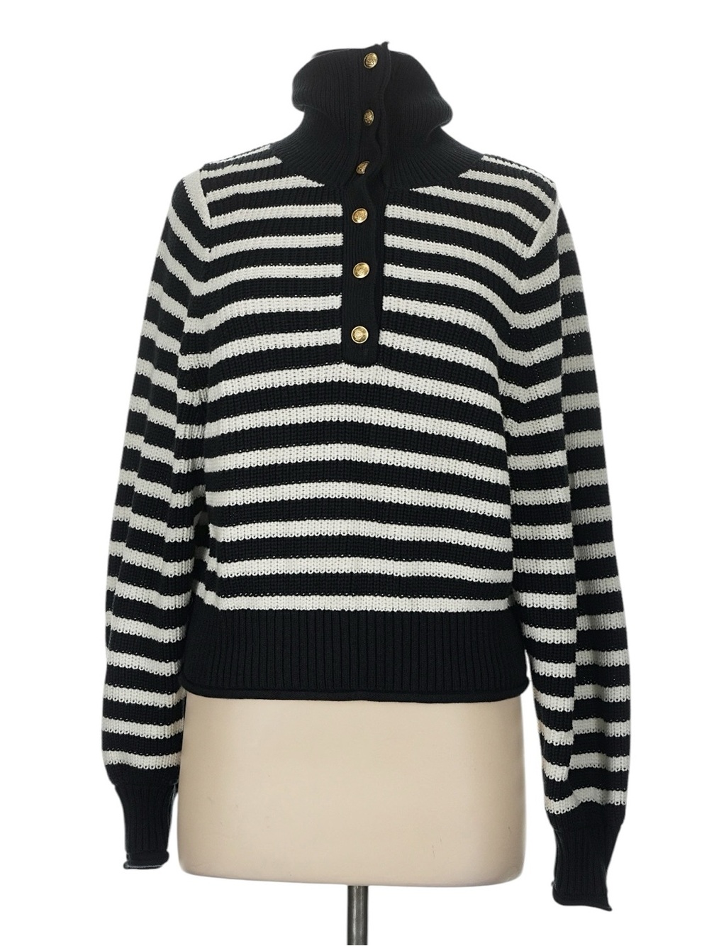 J. Crew Ribbed Cotton Button Collar Sweater Black White Stripe M Gold Buttons - Picture 2 of 8